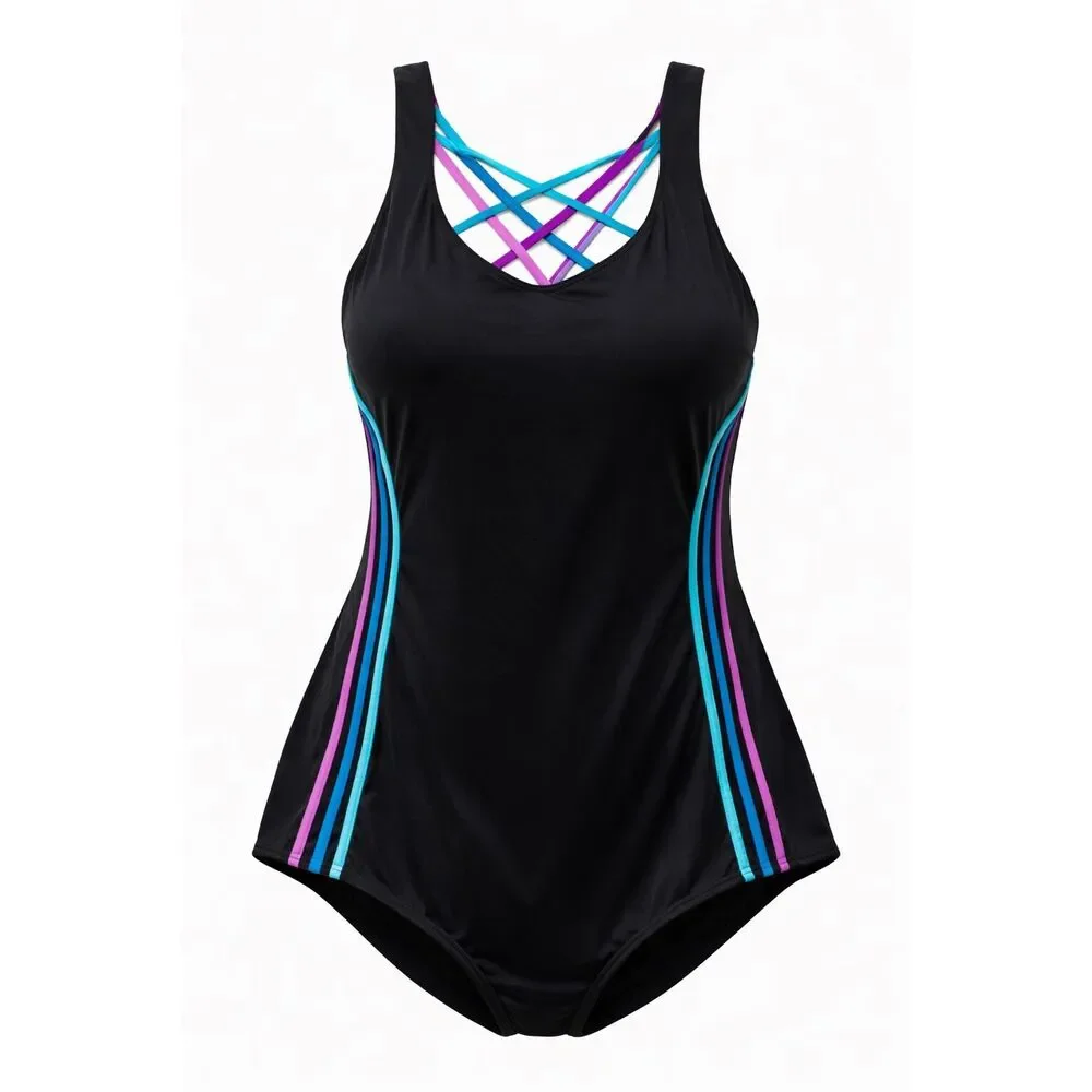 Swimsuits For All Size 26 Black Crisscross Back One Piece Swimsuit